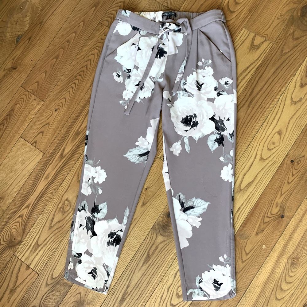 Dynamite Floral Print Ankle Pants with Tie Waist